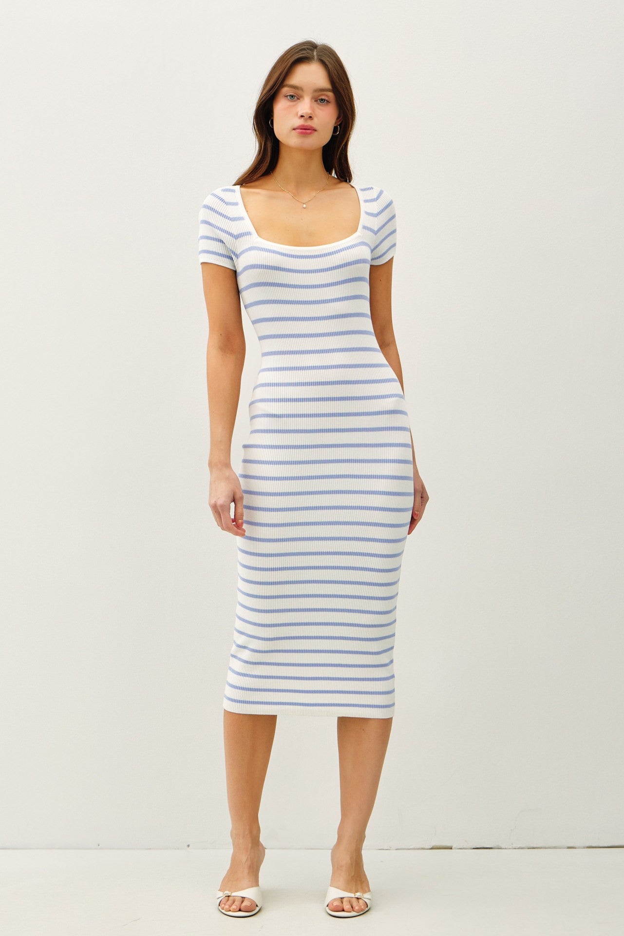 Blue Striped Square Neck Short Sleeve Midi Dress