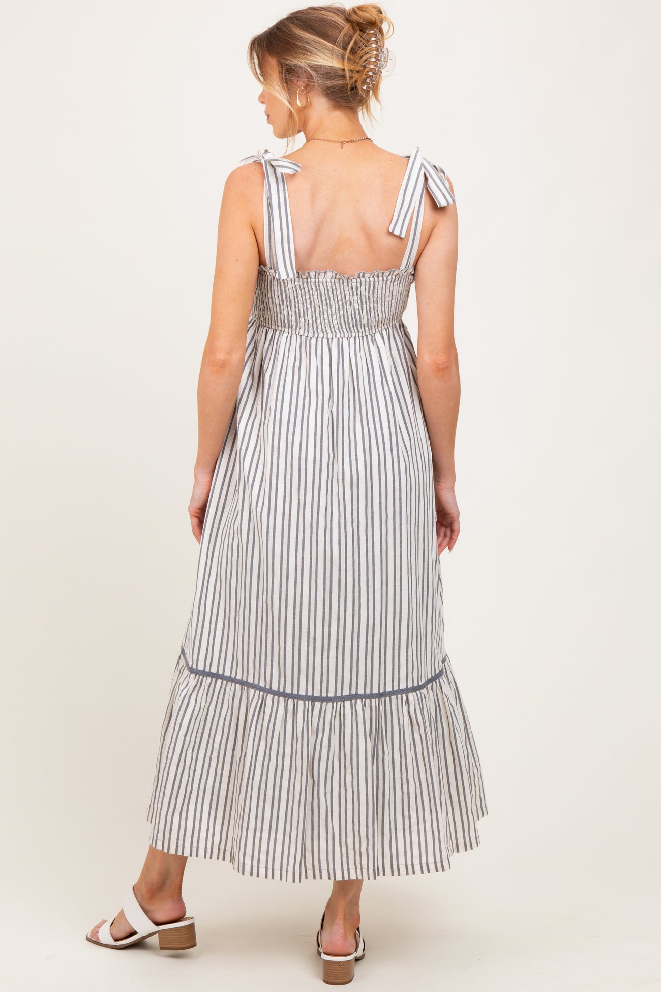 Charcoal Striped Bow-Tie Maternity Maxi Dress