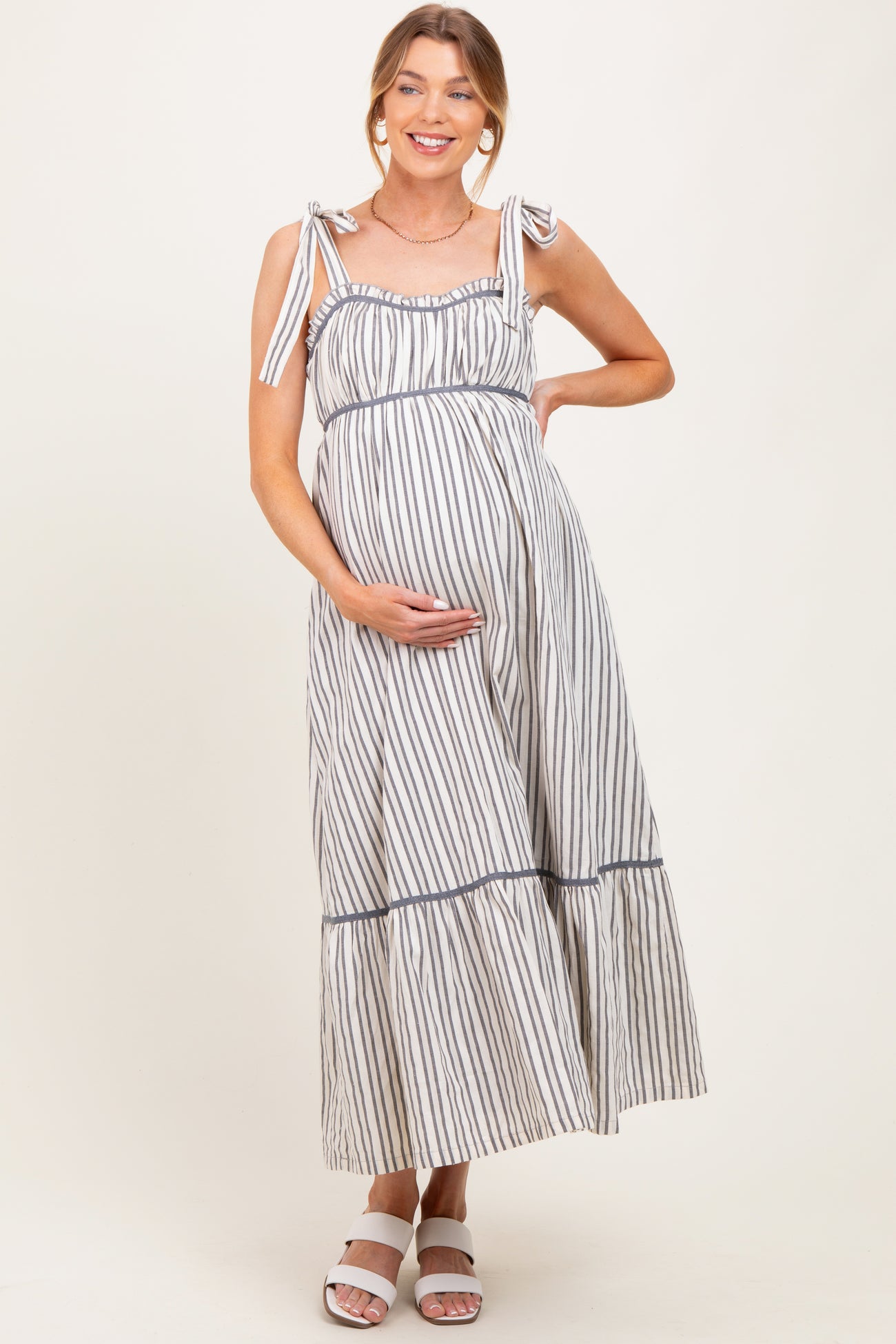 Charcoal Striped Bow-Tie Maternity Maxi Dress