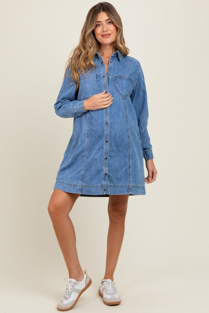 Blue Denim Heart-Pocket Maternity Shirt Dress