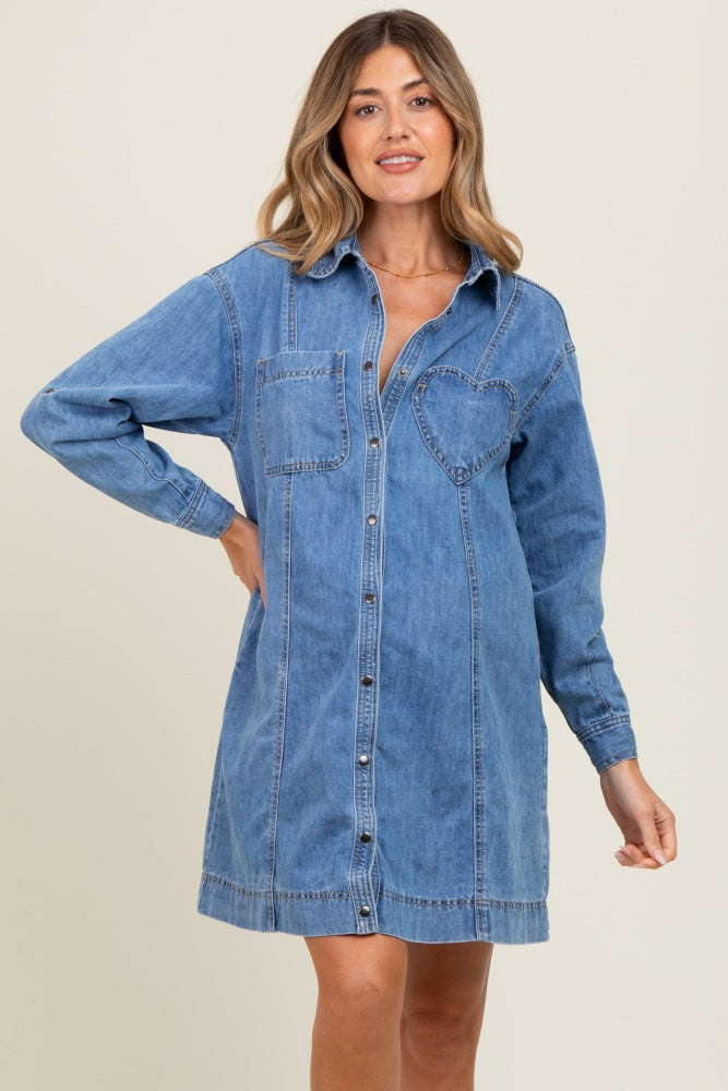 Blue Denim Heart-Pocket Maternity Shirt Dress