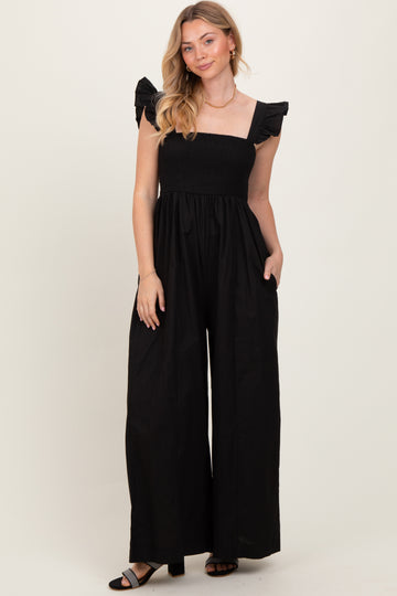 Black Ruffle Strap Smocked Wide Leg Jumpsuit