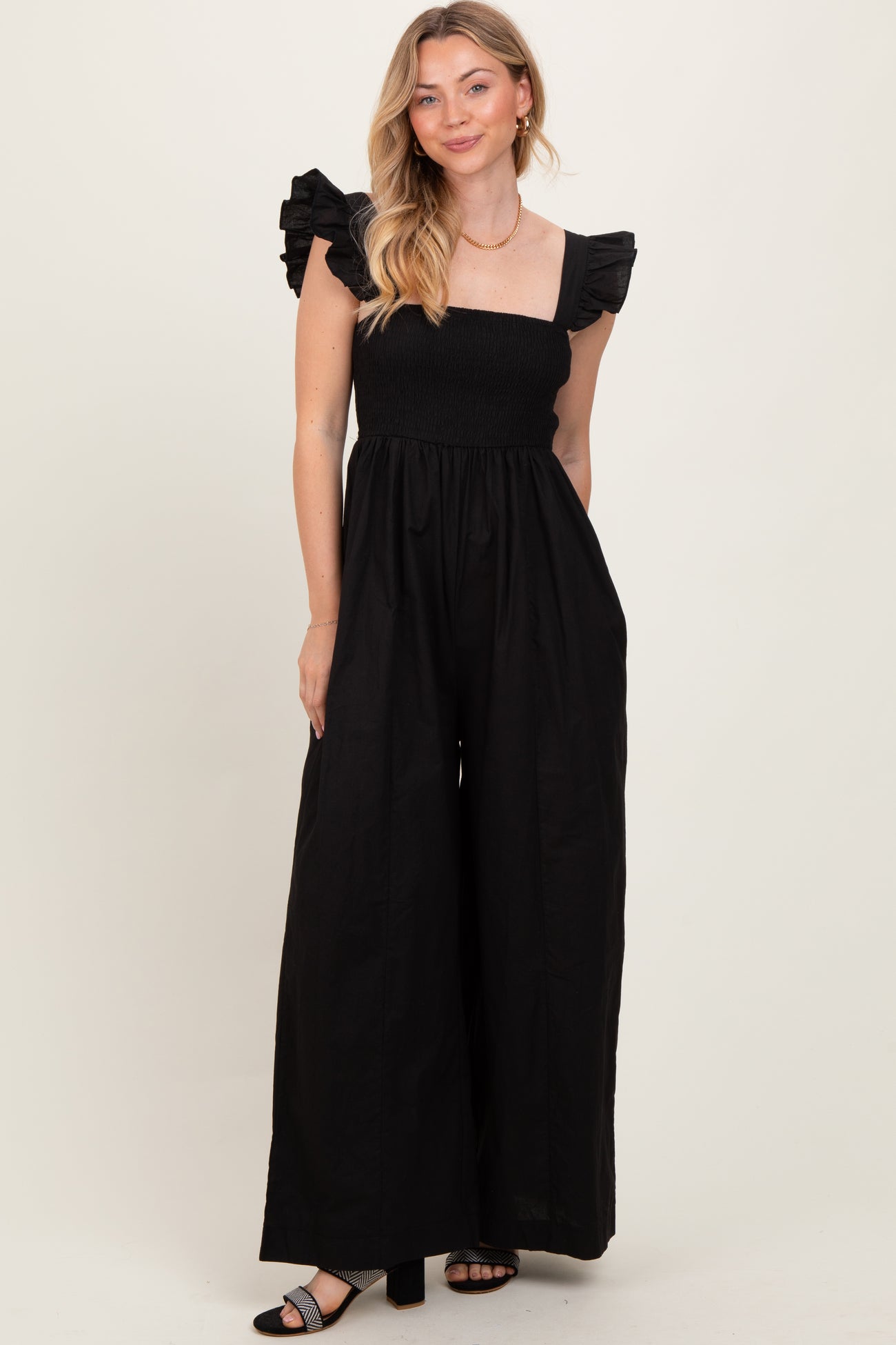 Black Ruffle Strap Smocked Wide Leg Maternity Jumpsuit