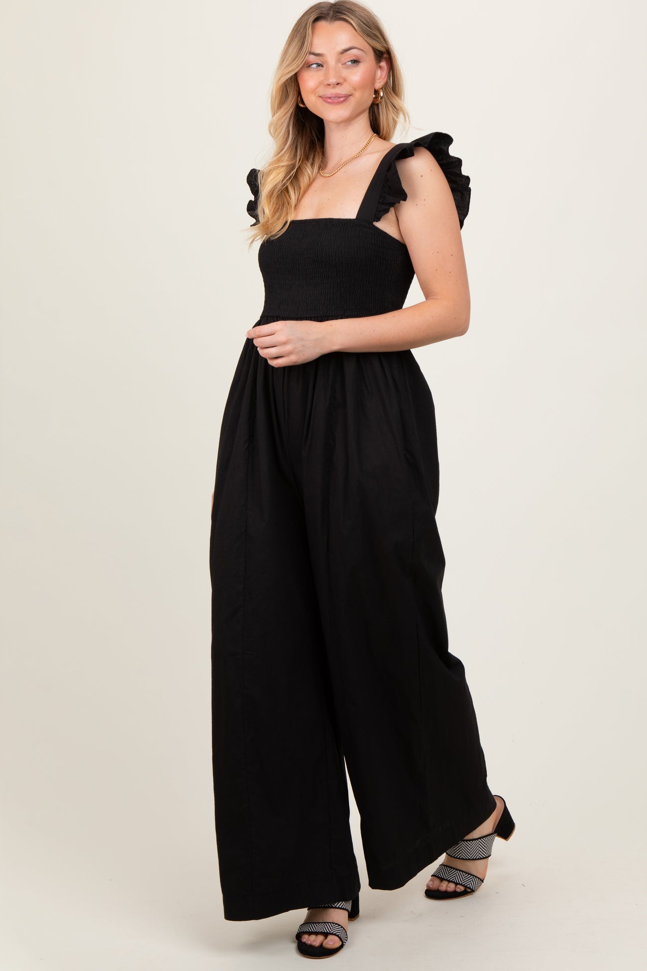 Black Ruffle Strap Smocked Wide Leg Jumpsuit