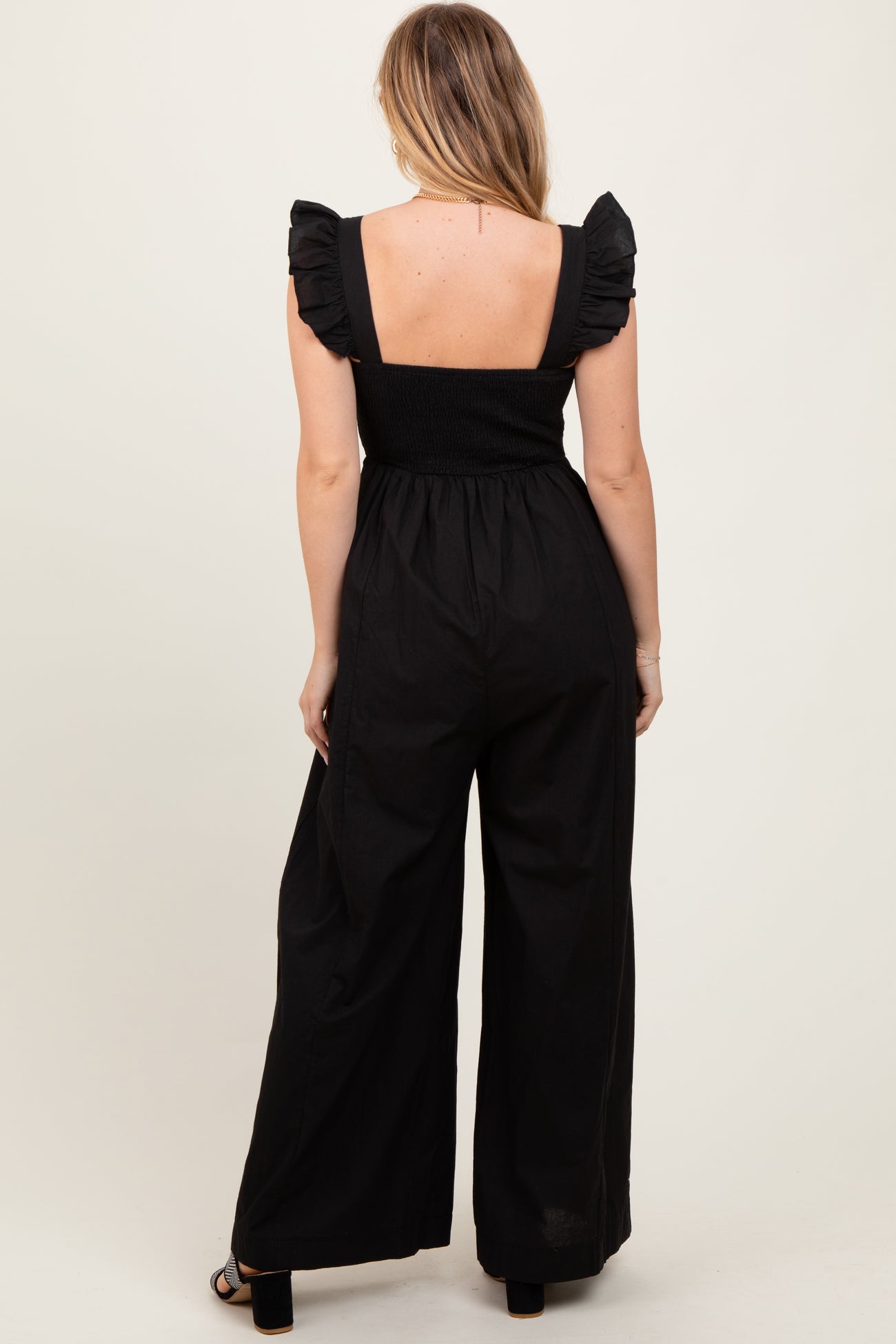 Black Ruffle Strap Smocked Wide Leg Jumpsuit
