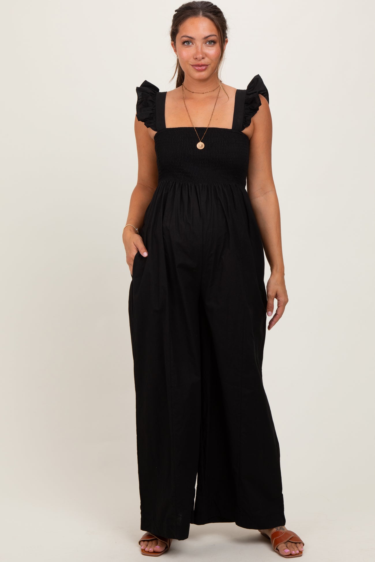Black Ruffle Strap Smocked Wide Leg Maternity Jumpsuit