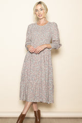Taupe Floral Smocked Bubble Sleeve Maternity Midi Dress