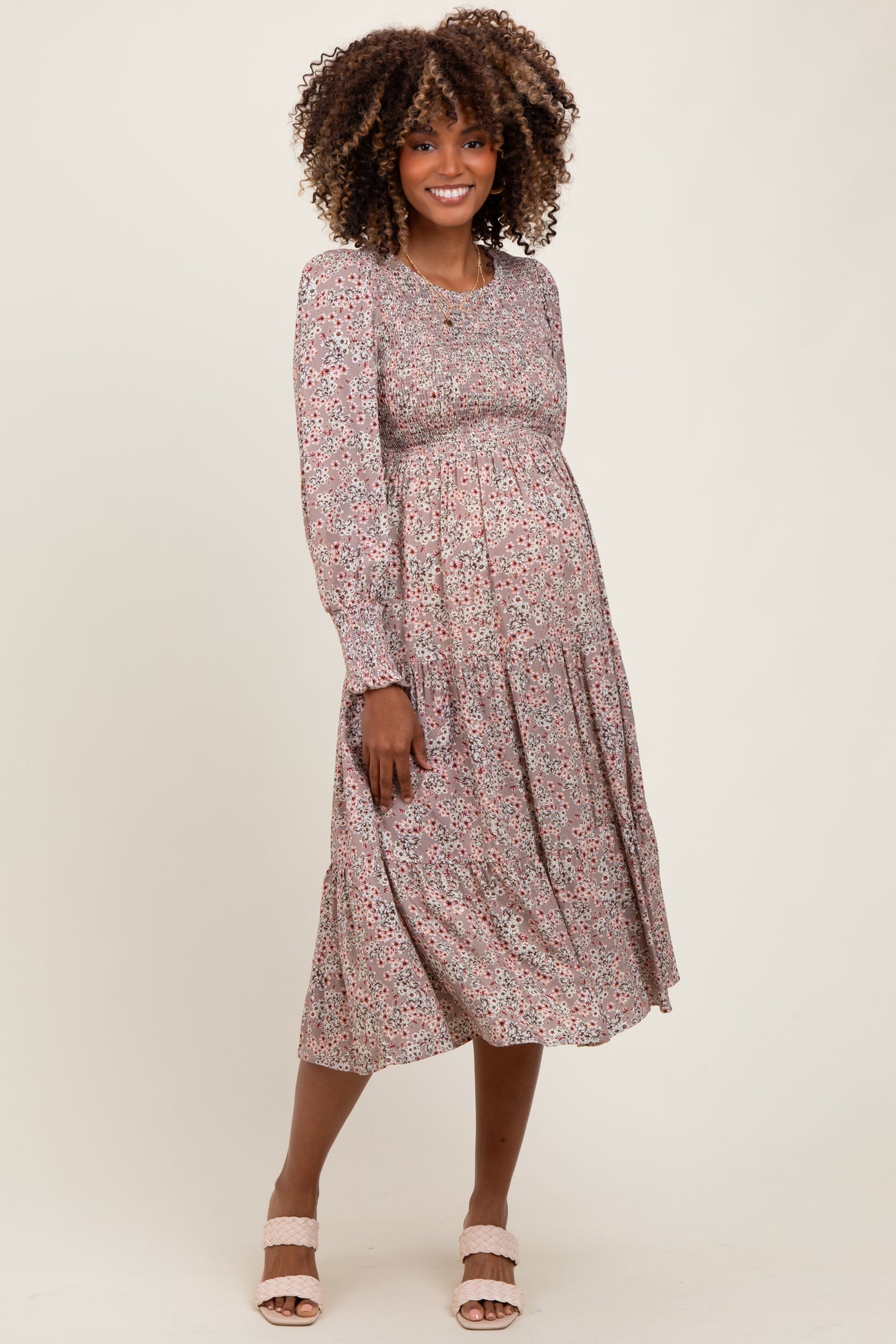 Taupe Floral Smocked Bubble Sleeve Maternity Midi Dress
