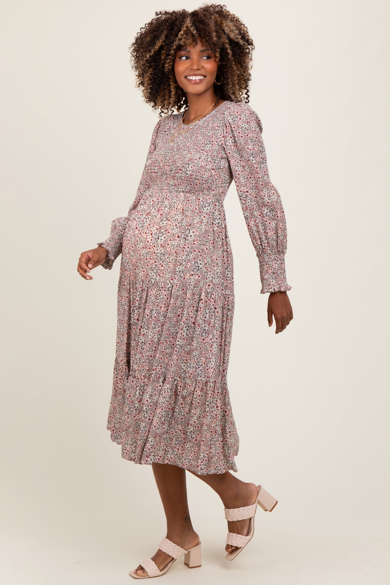 Taupe Floral Smocked Bubble Sleeve Maternity Midi Dress