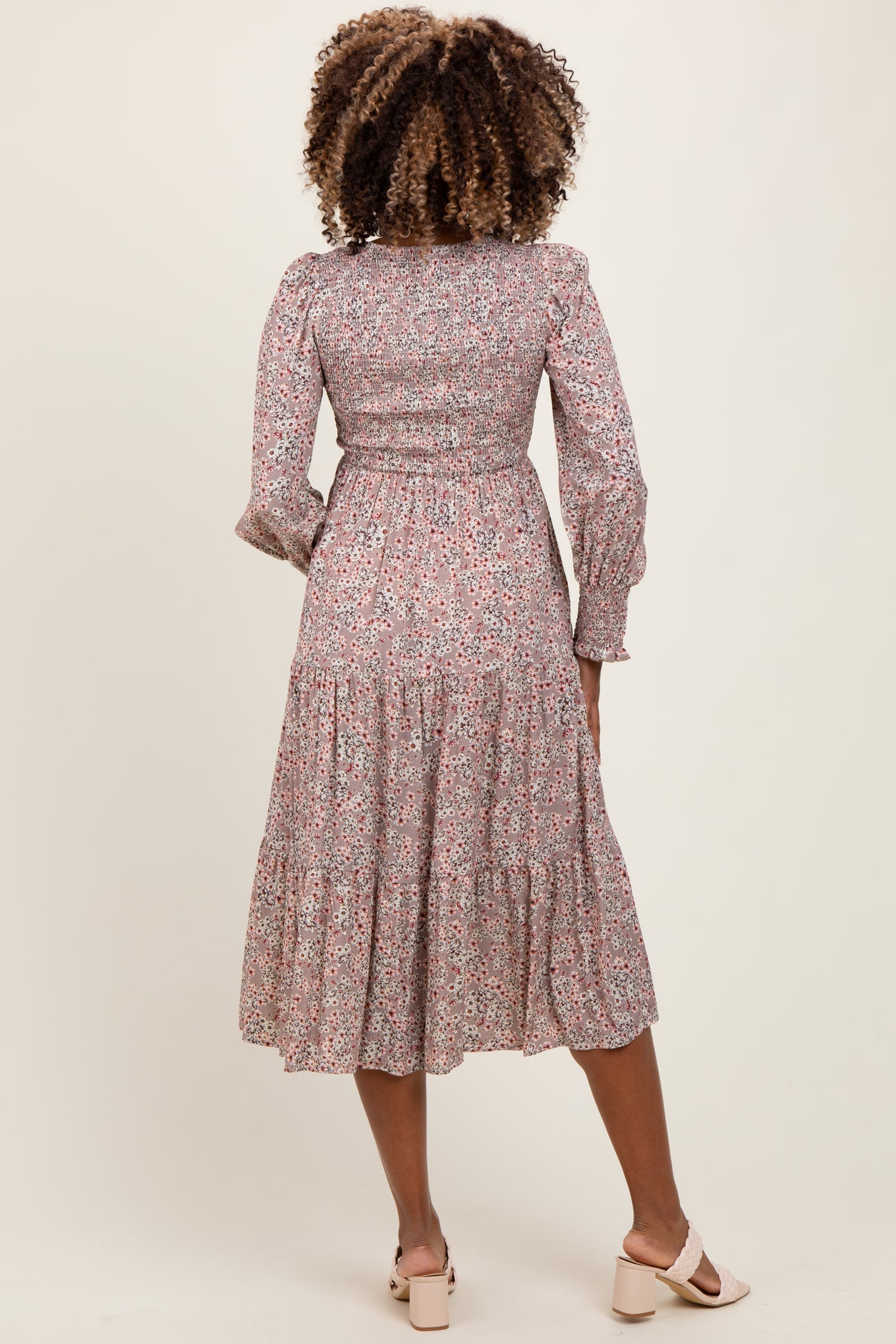 Taupe Floral Smocked Bubble Sleeve Maternity Midi Dress