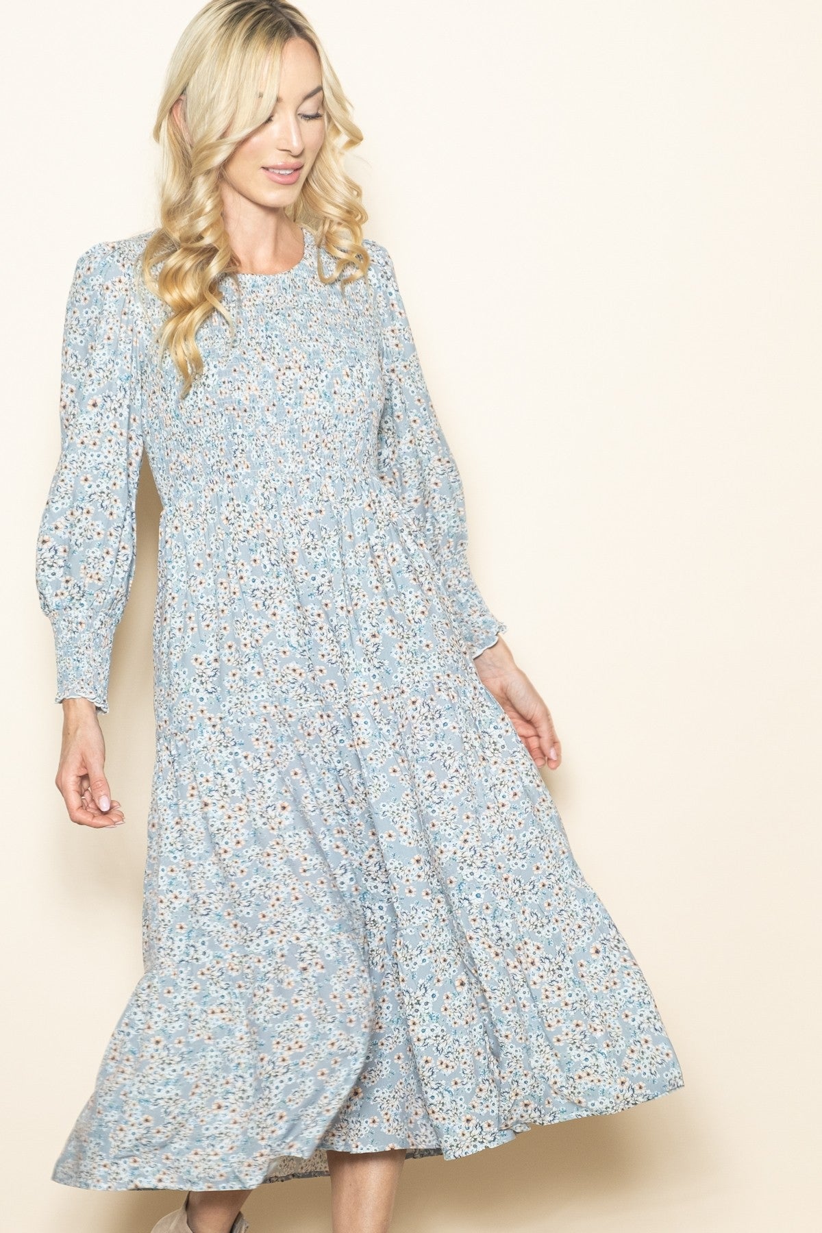 Light Blue Floral Smocked Bubble Sleeve Midi Dress