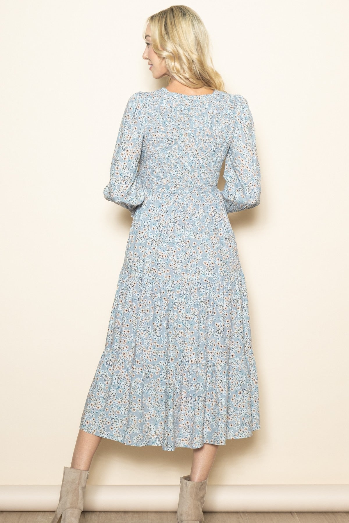 Light Blue Floral Smocked Bubble Sleeve Midi Dress