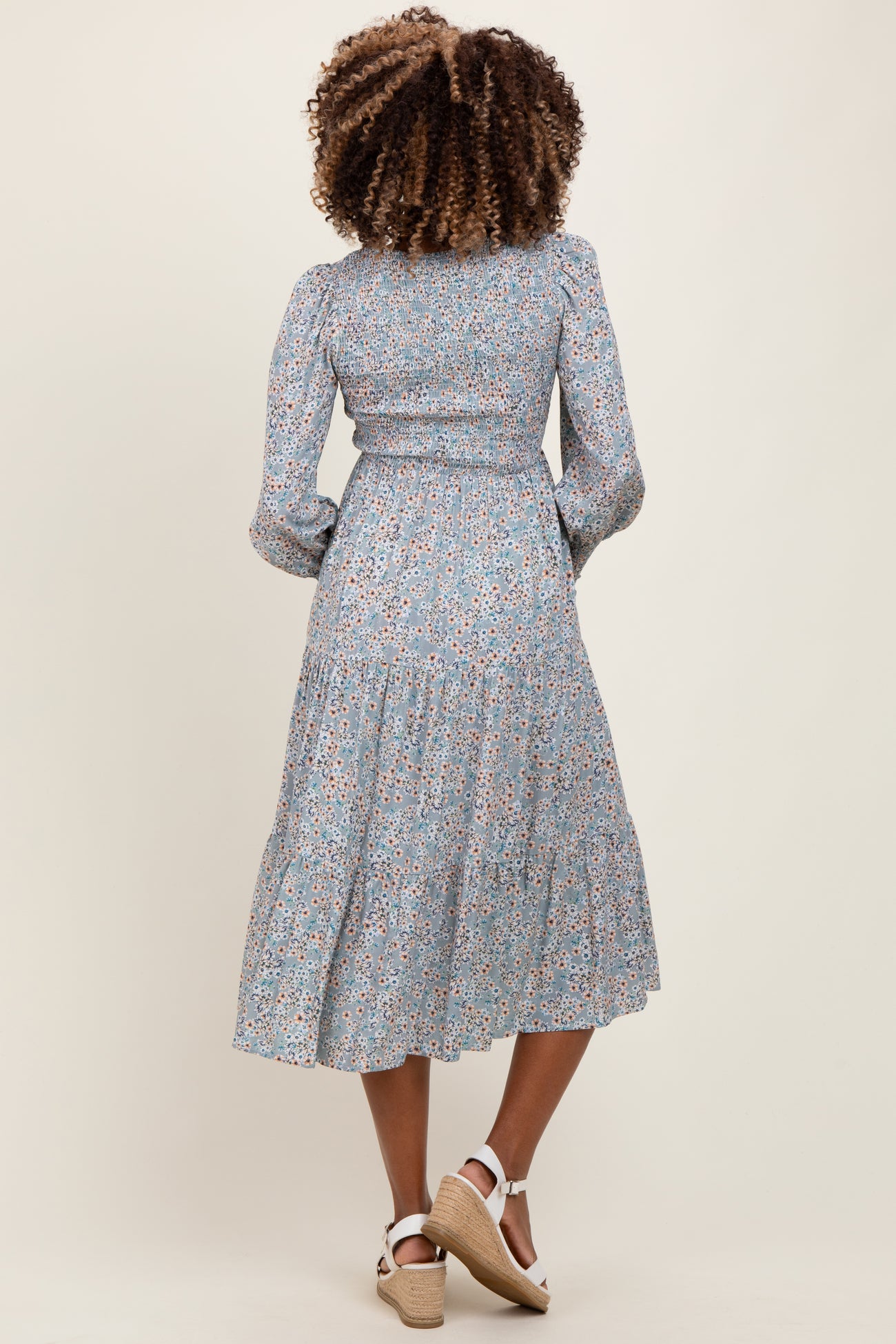 Light Blue Floral Smocked Bubble Sleeve Maternity Midi Dress