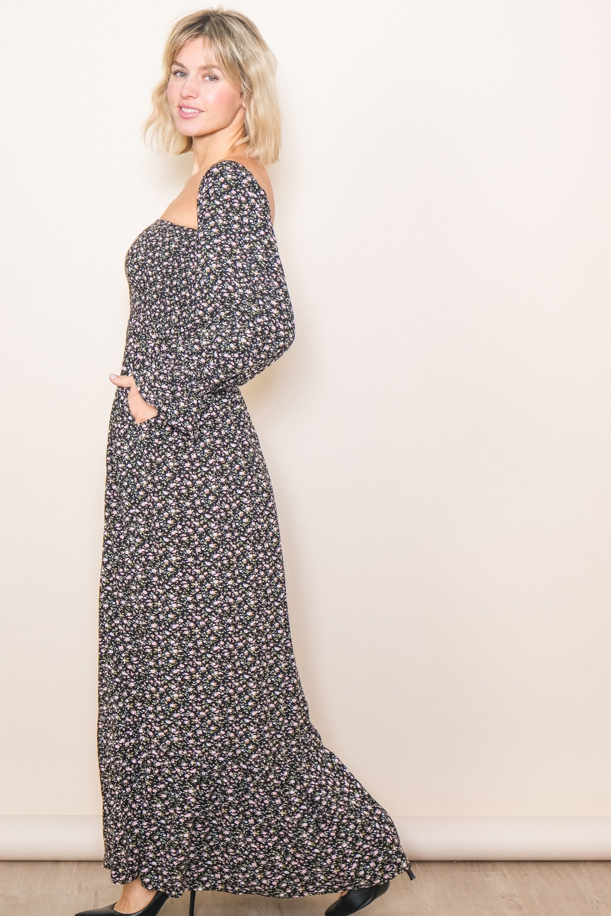 Black Floral Smocked Off Shoulder Maxi Dress