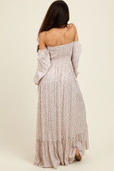 Cream Floral Smocked Off Shoulder Maxi Dress