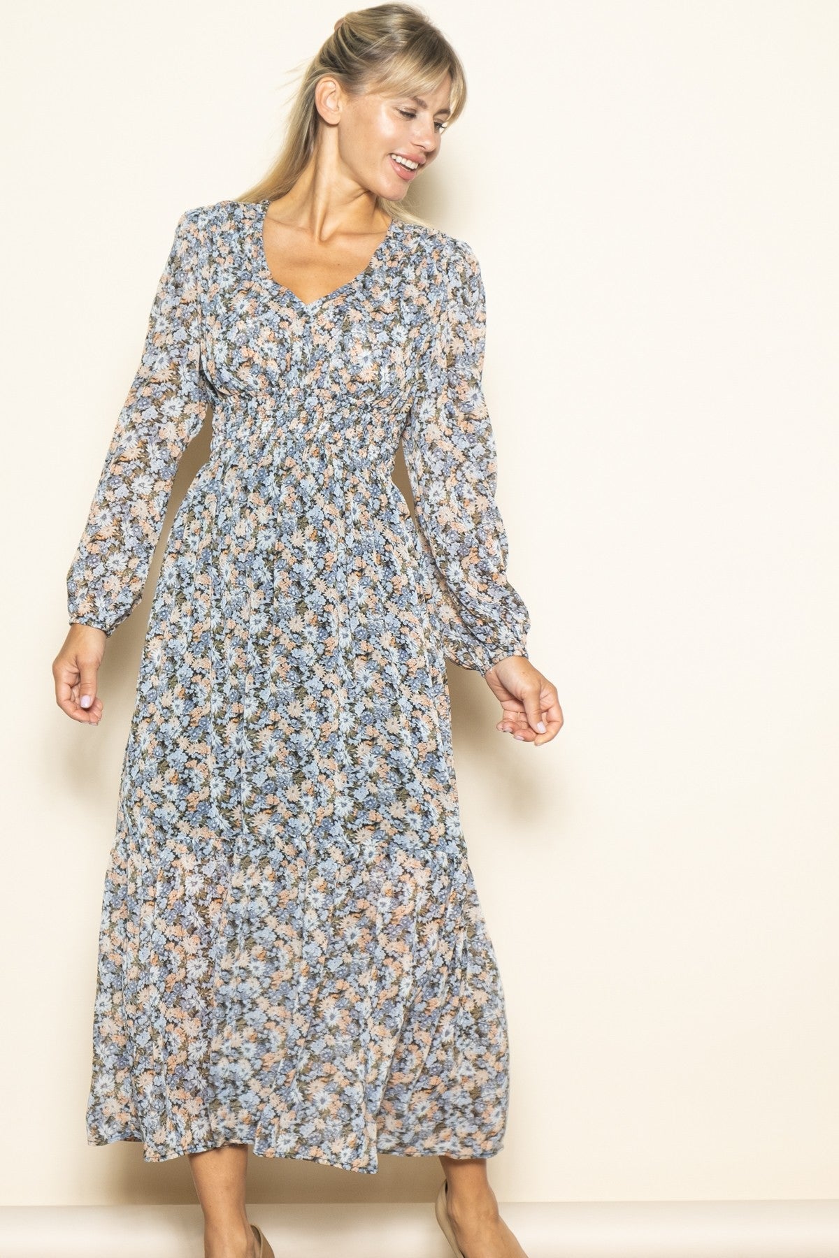 Blue Floral Smocked Waist Maxi Dress
