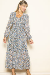 Blue Floral Smocked Waist Maxi Dress