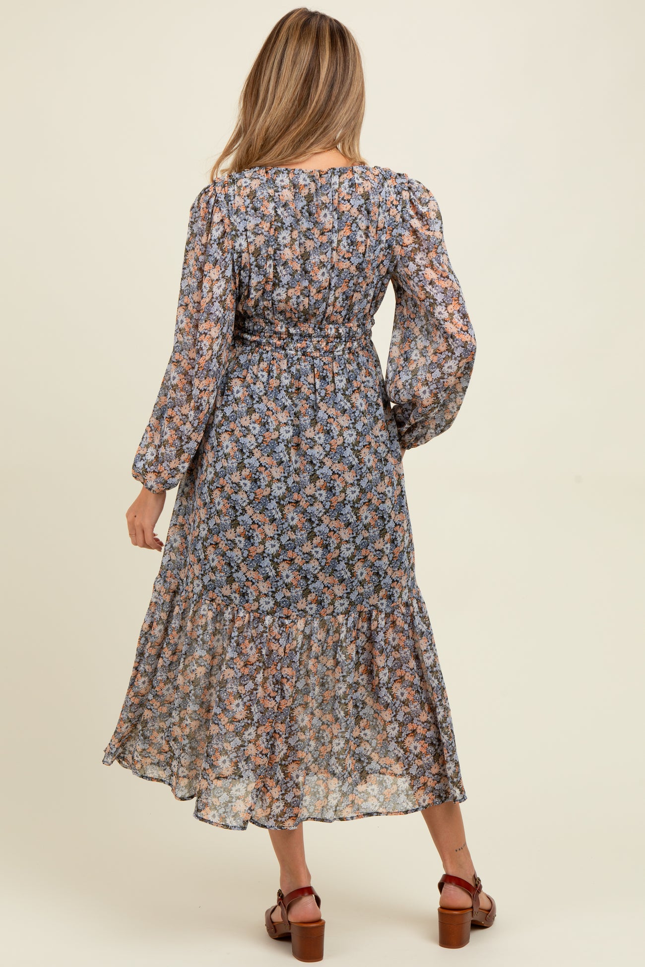 Blue Floral Smocked Waist Maternity Maxi Dress