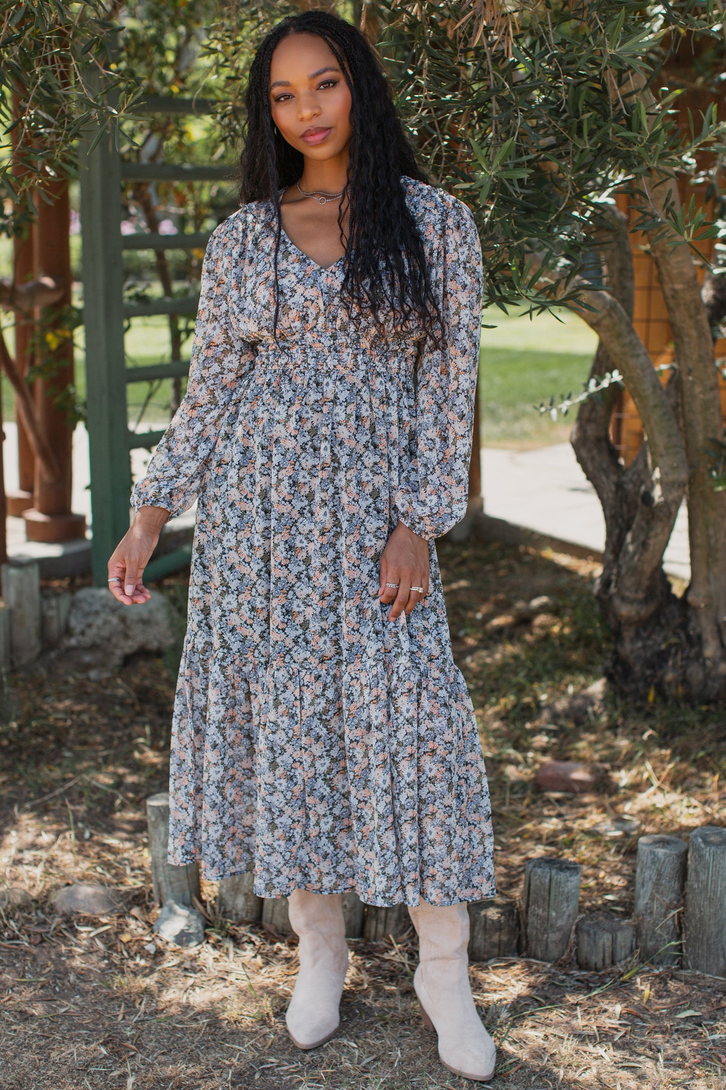 Blue Floral Smocked Waist Maxi Dress