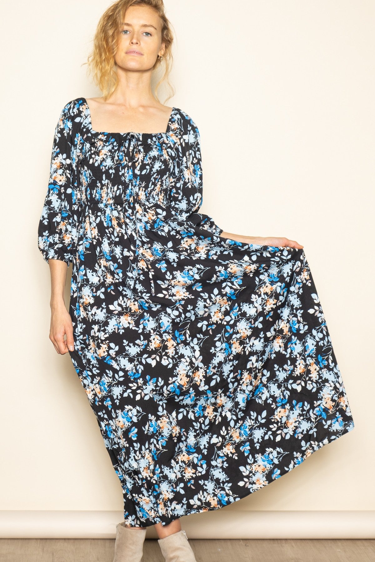 Black Floral Smocked Front Tie Maternity Maxi Dress