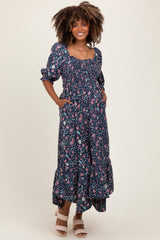 Navy Floral Smocked Handkerchief Hem Maternity Maxi Dress