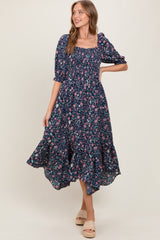 Navy Floral Smocked Handkerchief Hem Maternity Maxi Dress