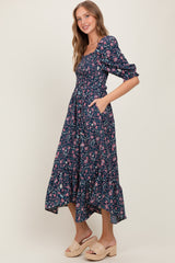 Navy Floral Smocked Handkerchief Hem Maxi Dress