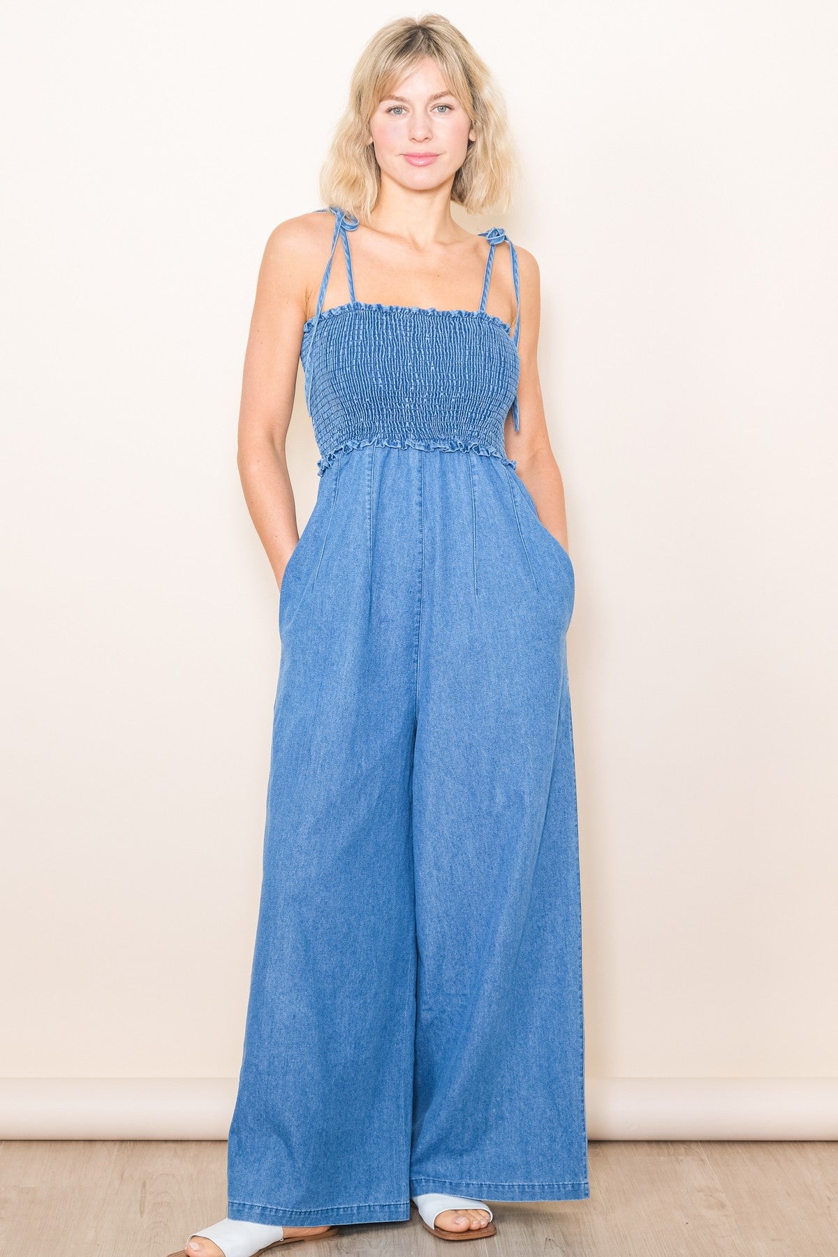 Blue Chambray Shoulder Tie Smocked Maternity Jumpsuit