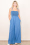 Blue Chambray Shoulder Tie Smocked Jumpsuit