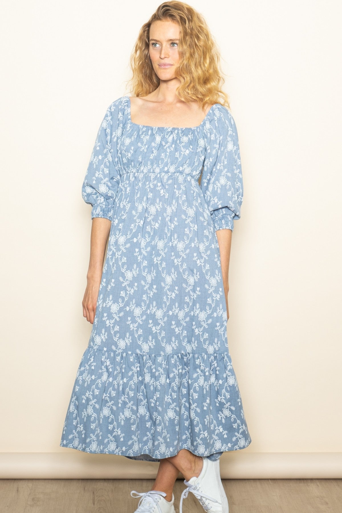 Blue Floral Back Cutout Ribbon Tie Maternity Maxi Dress