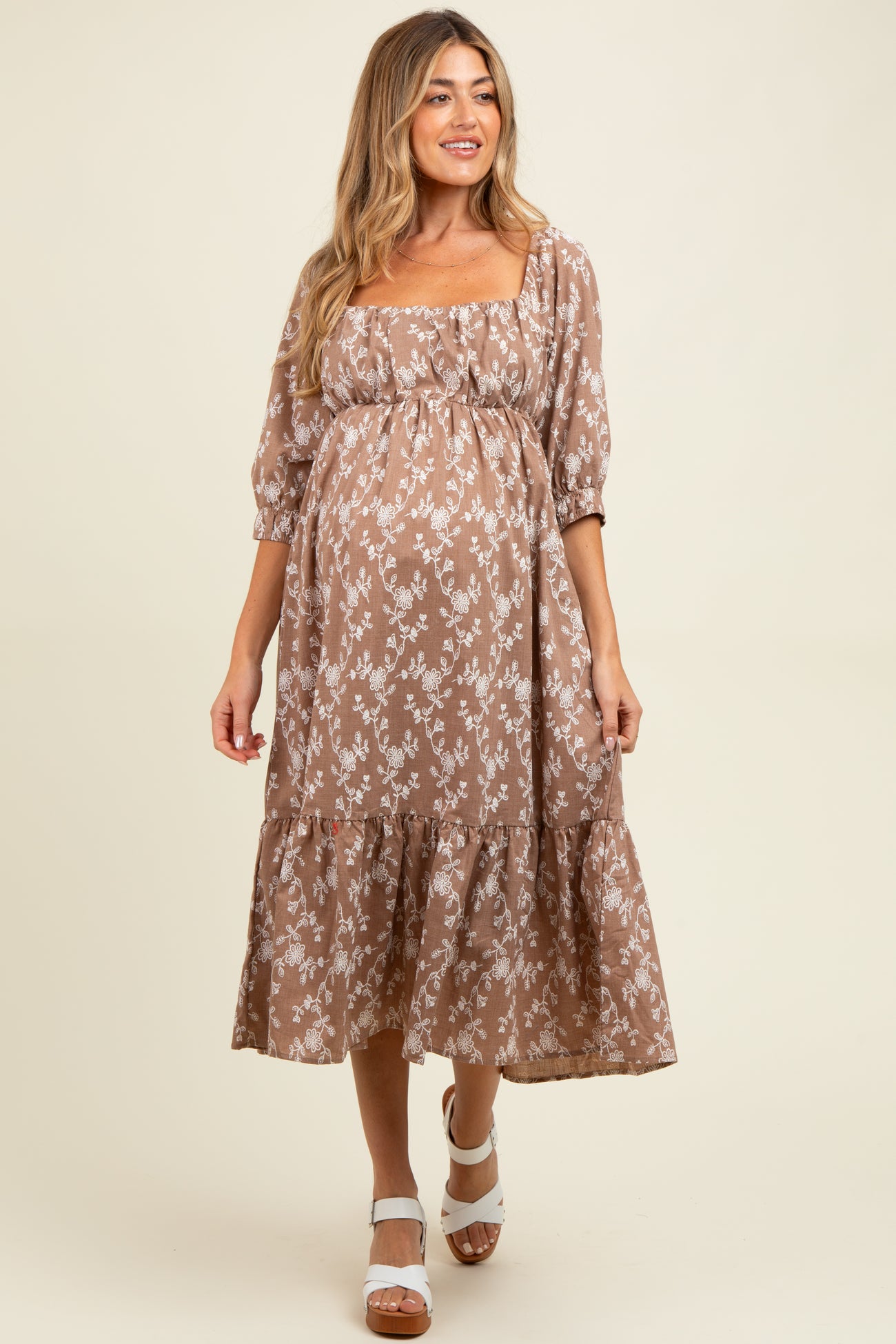 Light Taupe Floral Back Cutout Ribbon Tie Maternity Maxi Dress