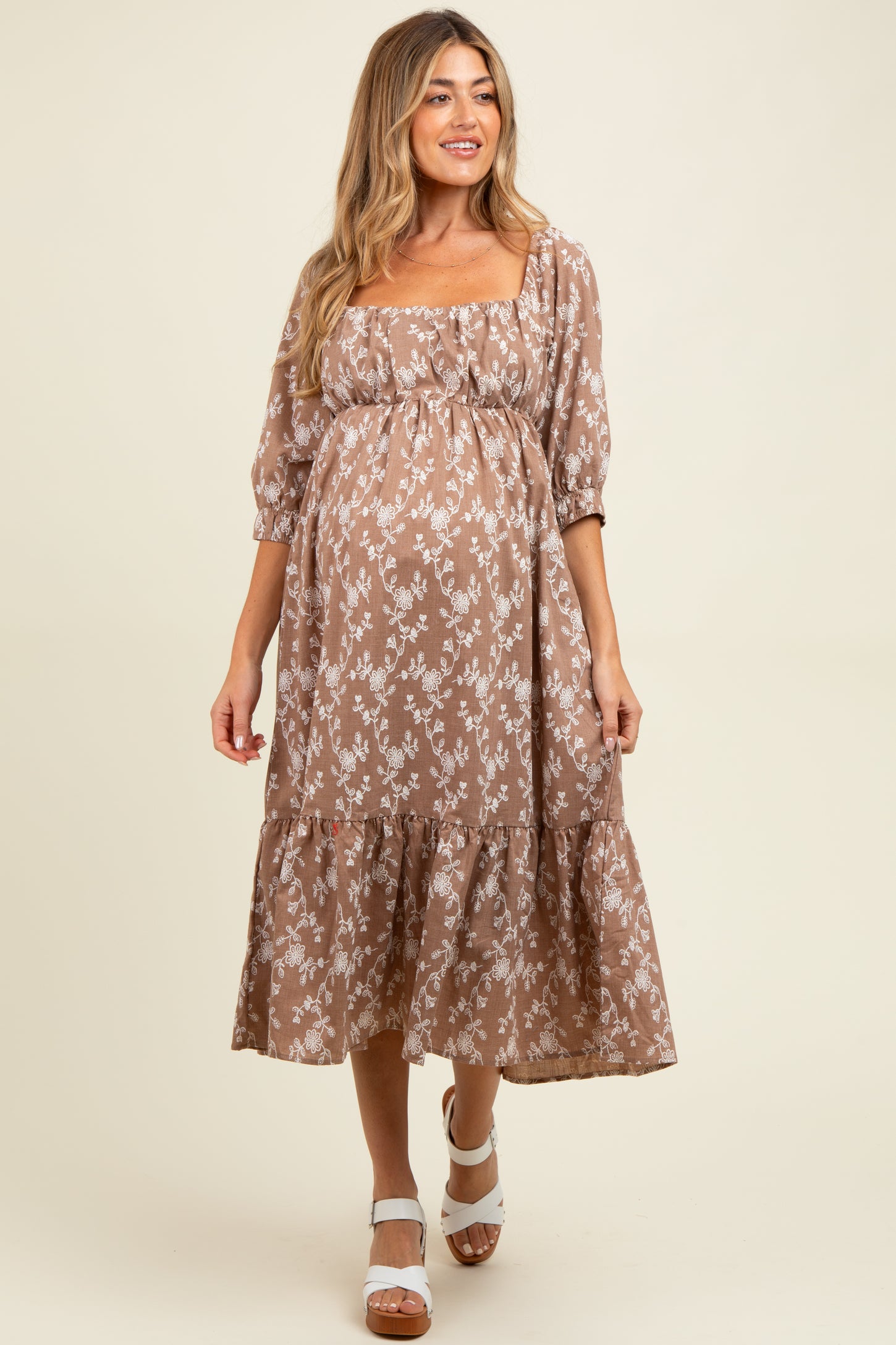 Light Taupe Floral Back Cutout Ribbon Tie Maternity Maxi Dress