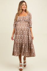 Light Taupe Floral Back Cutout Ribbon Tie Maternity Maxi Dress