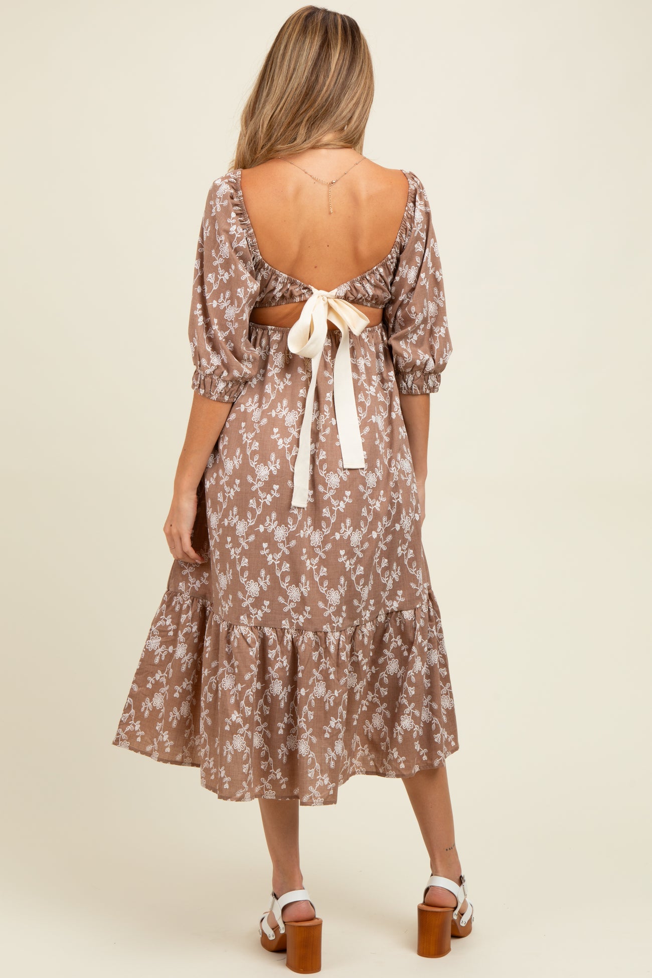 Light Taupe Floral Back Cutout Ribbon Tie Maternity Maxi Dress