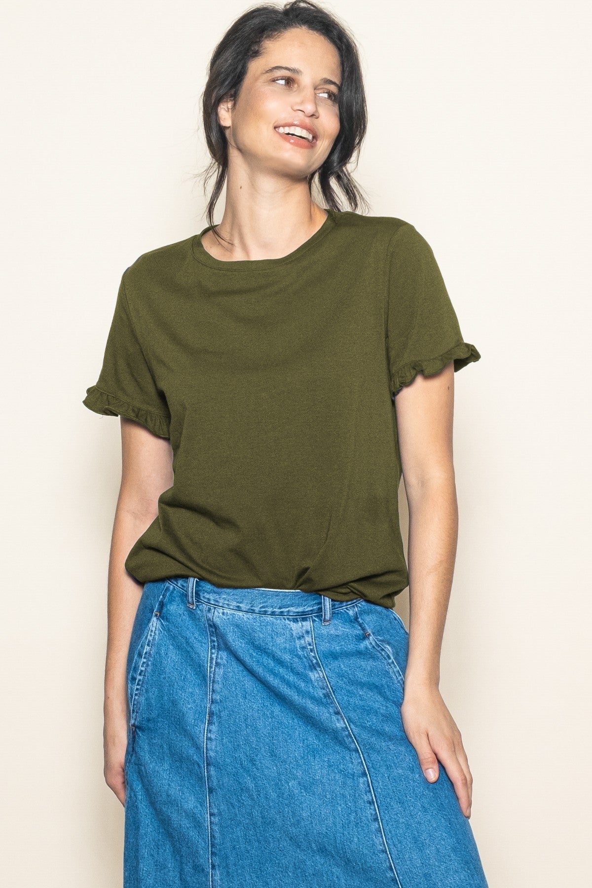 Olive Ruffle Trim Short Sleeve Maternity T-Shirt