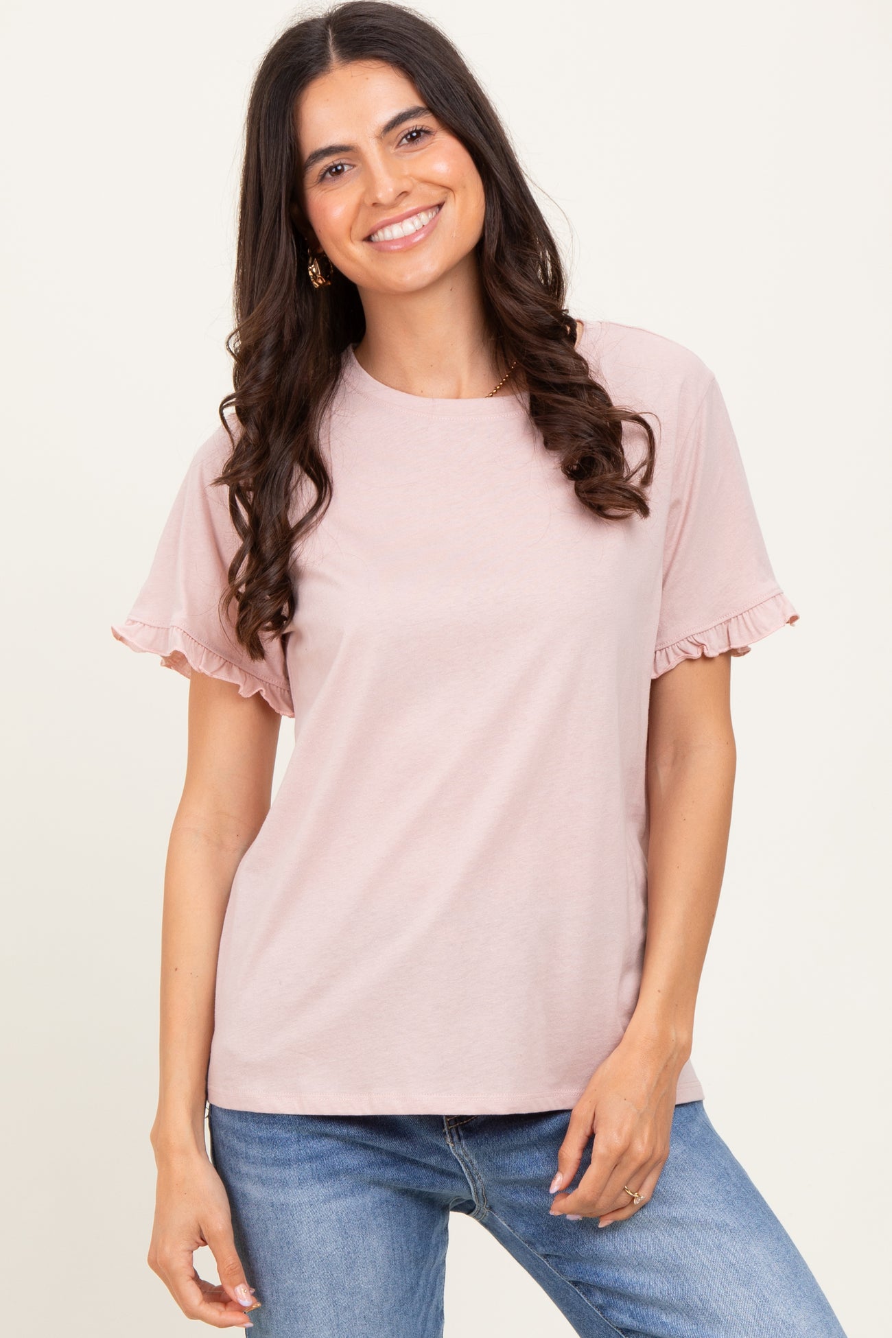 Pink Ruffle Trim Short Sleeve Maternity T-Shirt