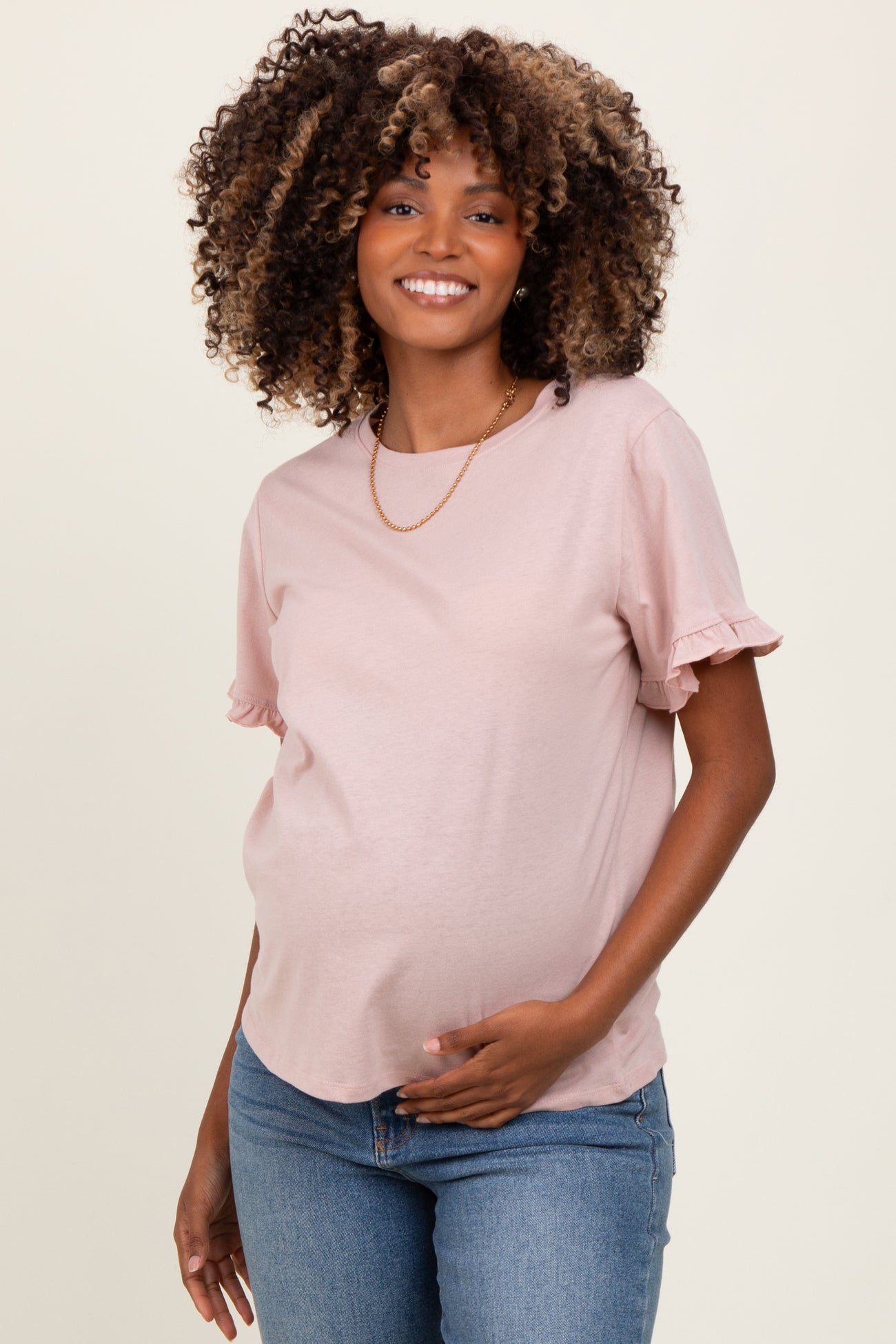 Pink Ruffle Trim Short Sleeve Maternity T-Shirt