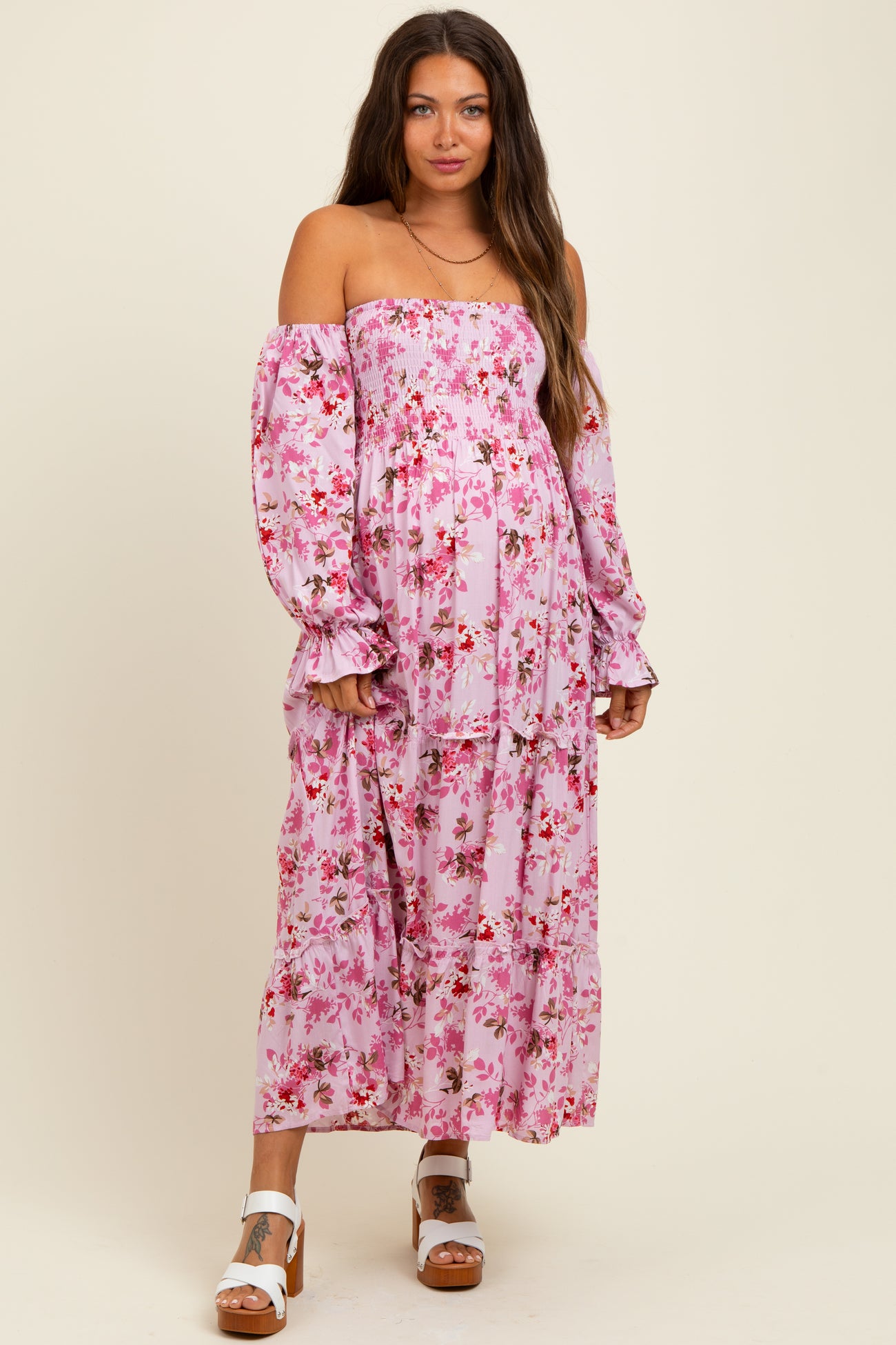 Light Pink Floral Off Shoulder Long Sleeve Maternity Maxi Dress