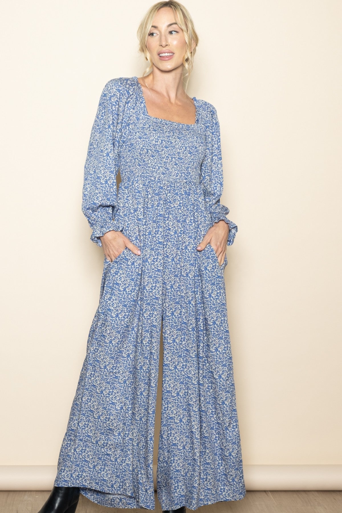 Blue Floral Long Sleeve Wide Leg Maternity Jumpsuit