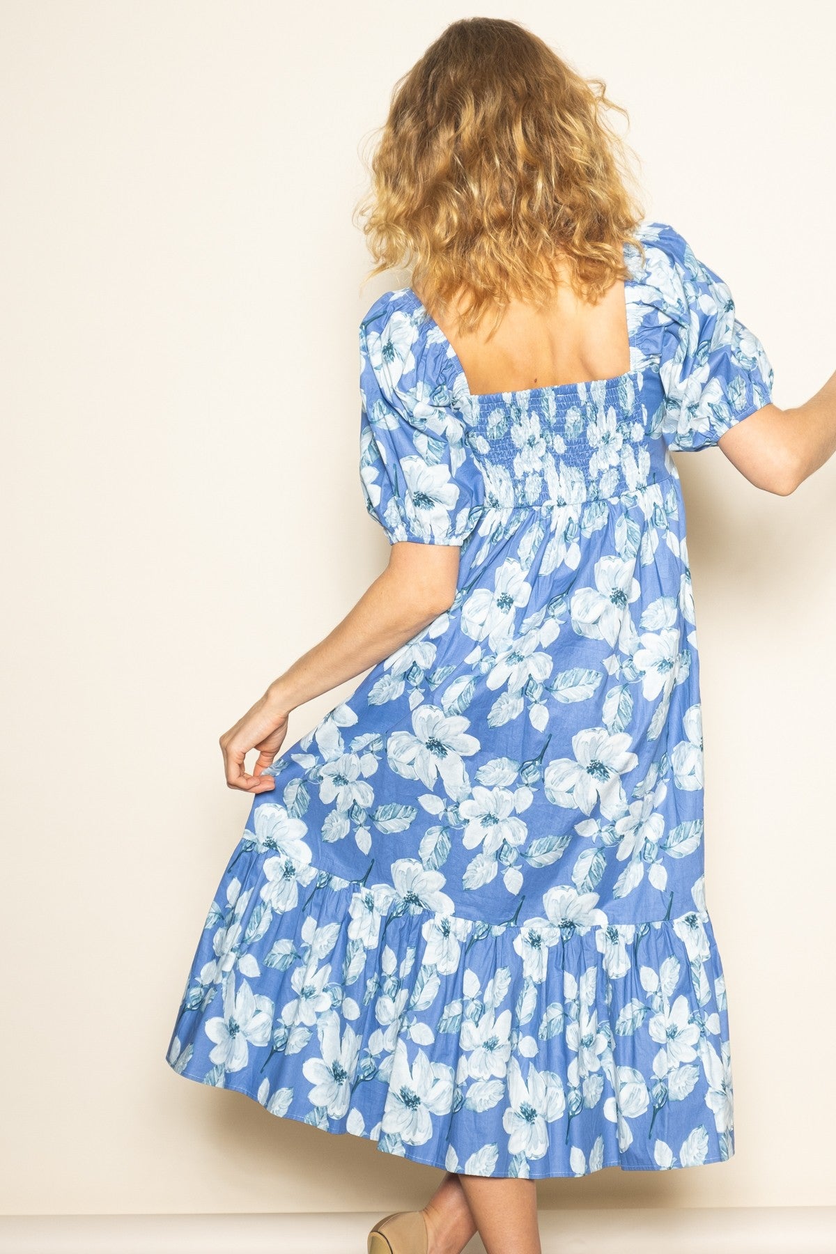 Blue Floral Pleated Bodice Midi Dress