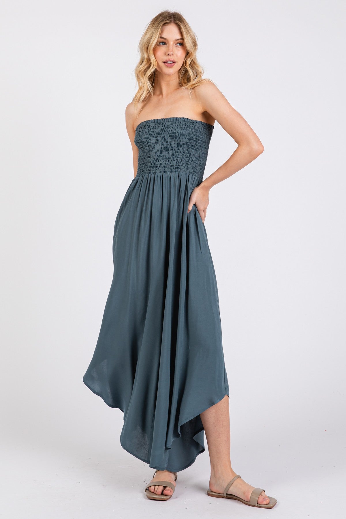 Dark Teal Strapless Smocked Tulip Leg Jumpsuit