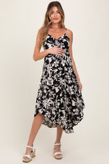 Black Tropical Floral Front Cinch Tie Maternity Midi Dress
