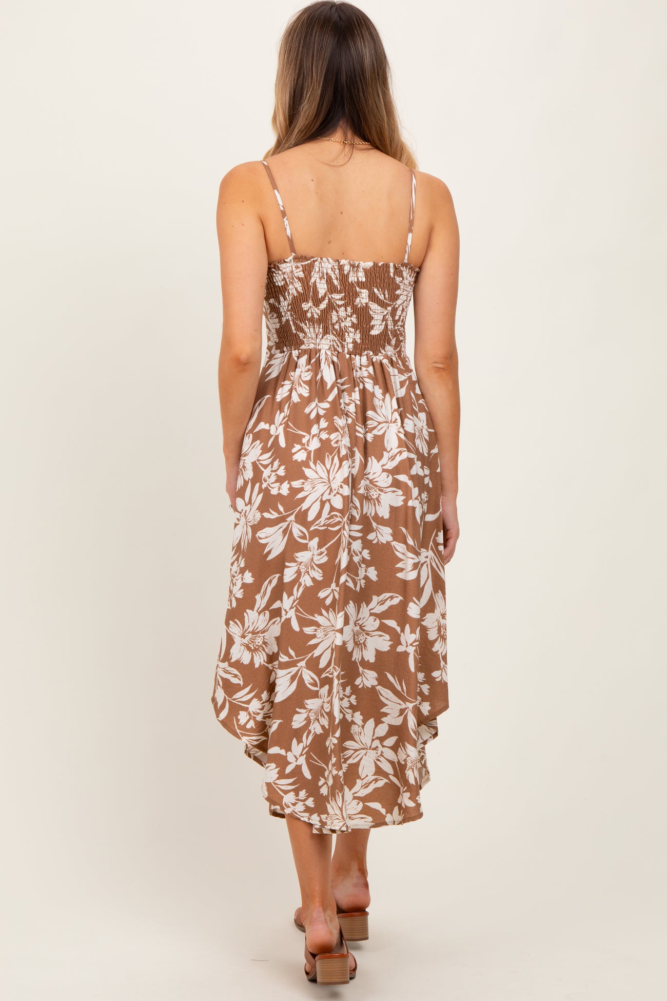 Camel Tropical Floral Front Cinch Tie Midi Dress