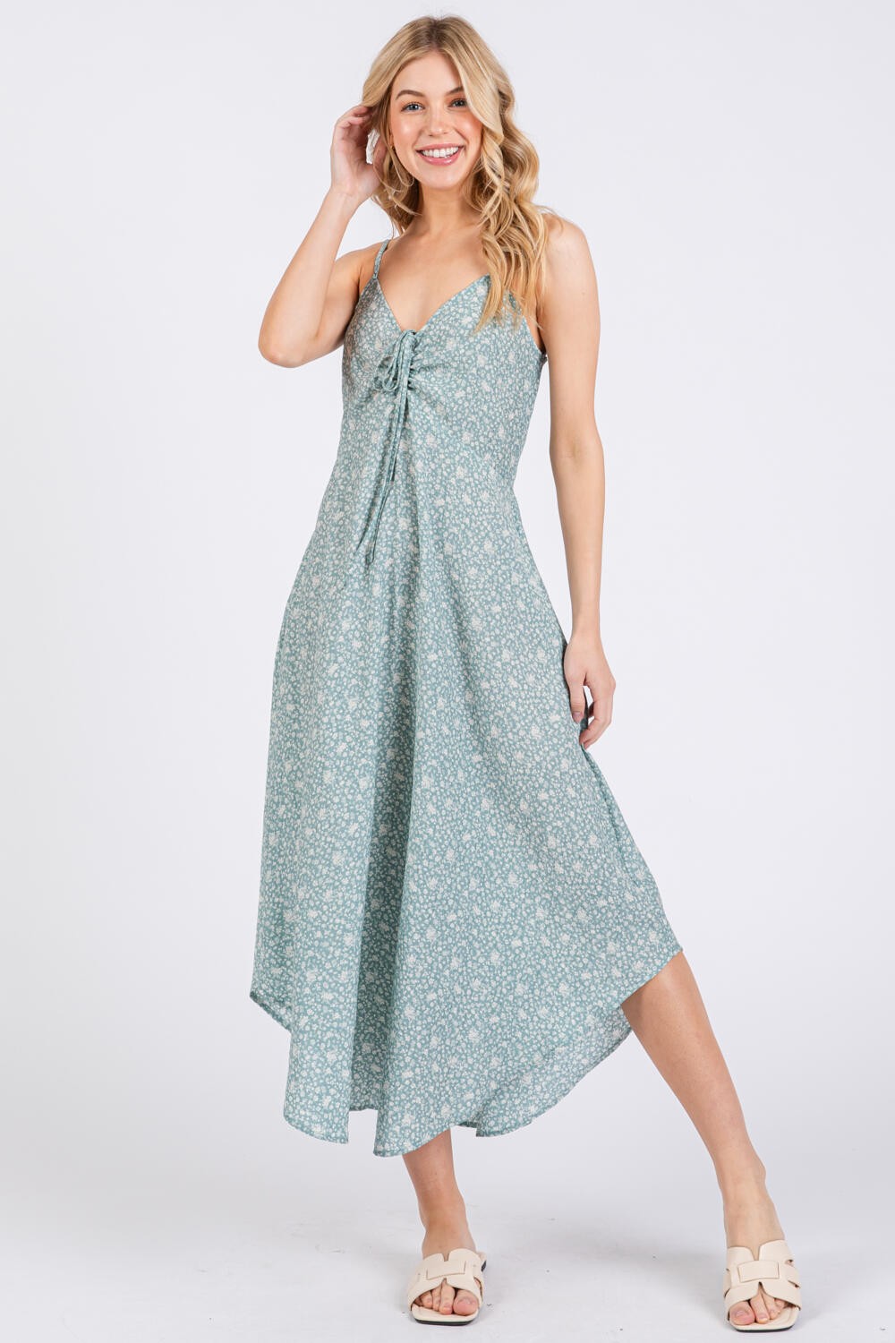 Mint Floral Cinched Front Tie Midi Dress