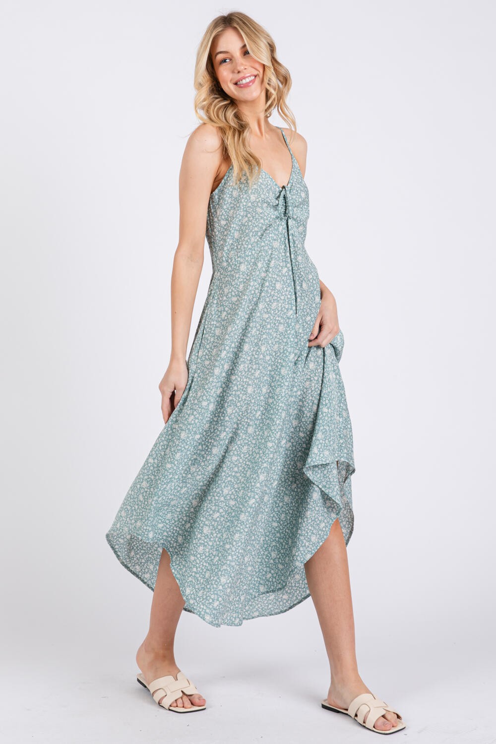 Mint Floral Cinched Front Tie Maternity Midi Dress