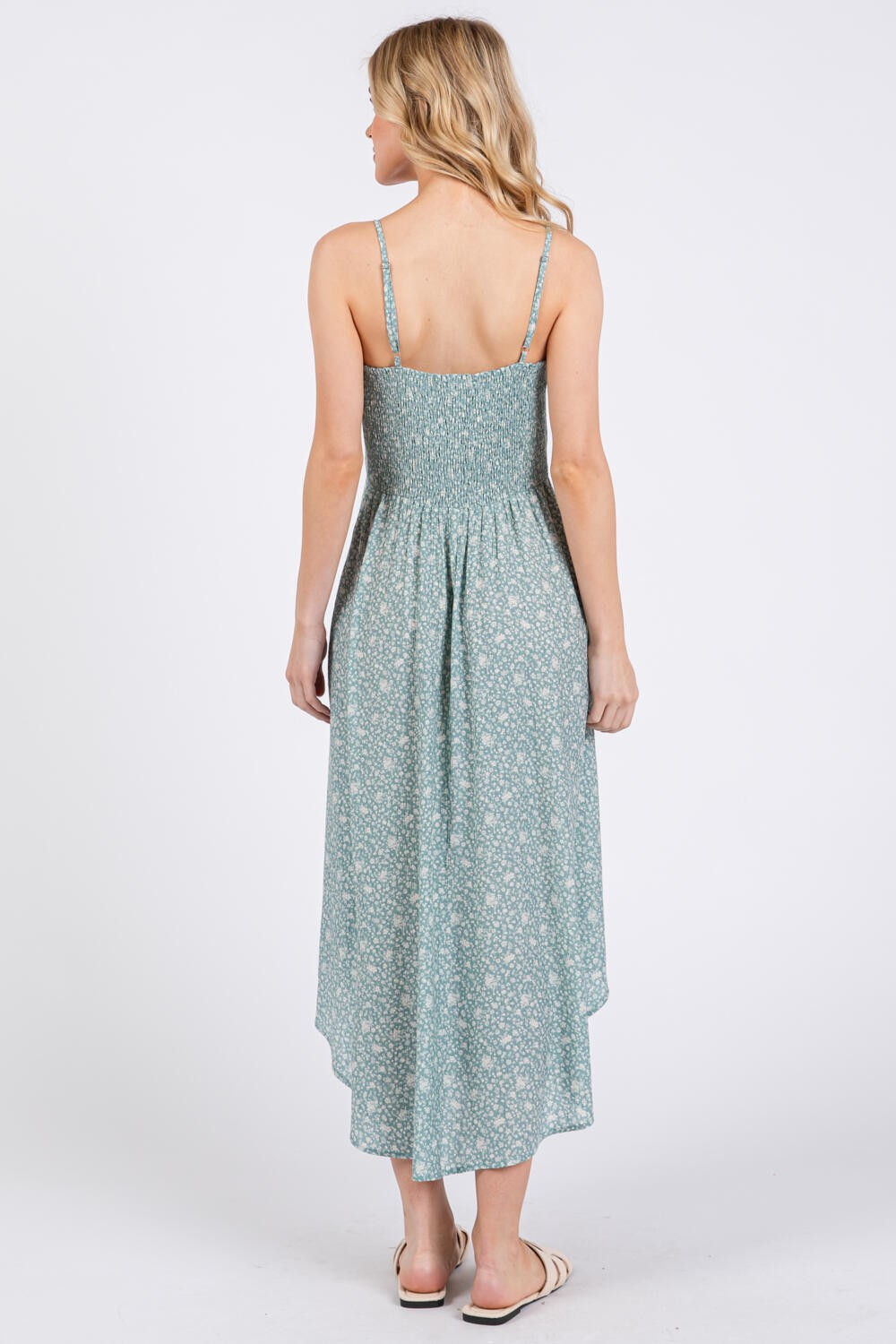 Mint Floral Cinched Front Tie Midi Dress