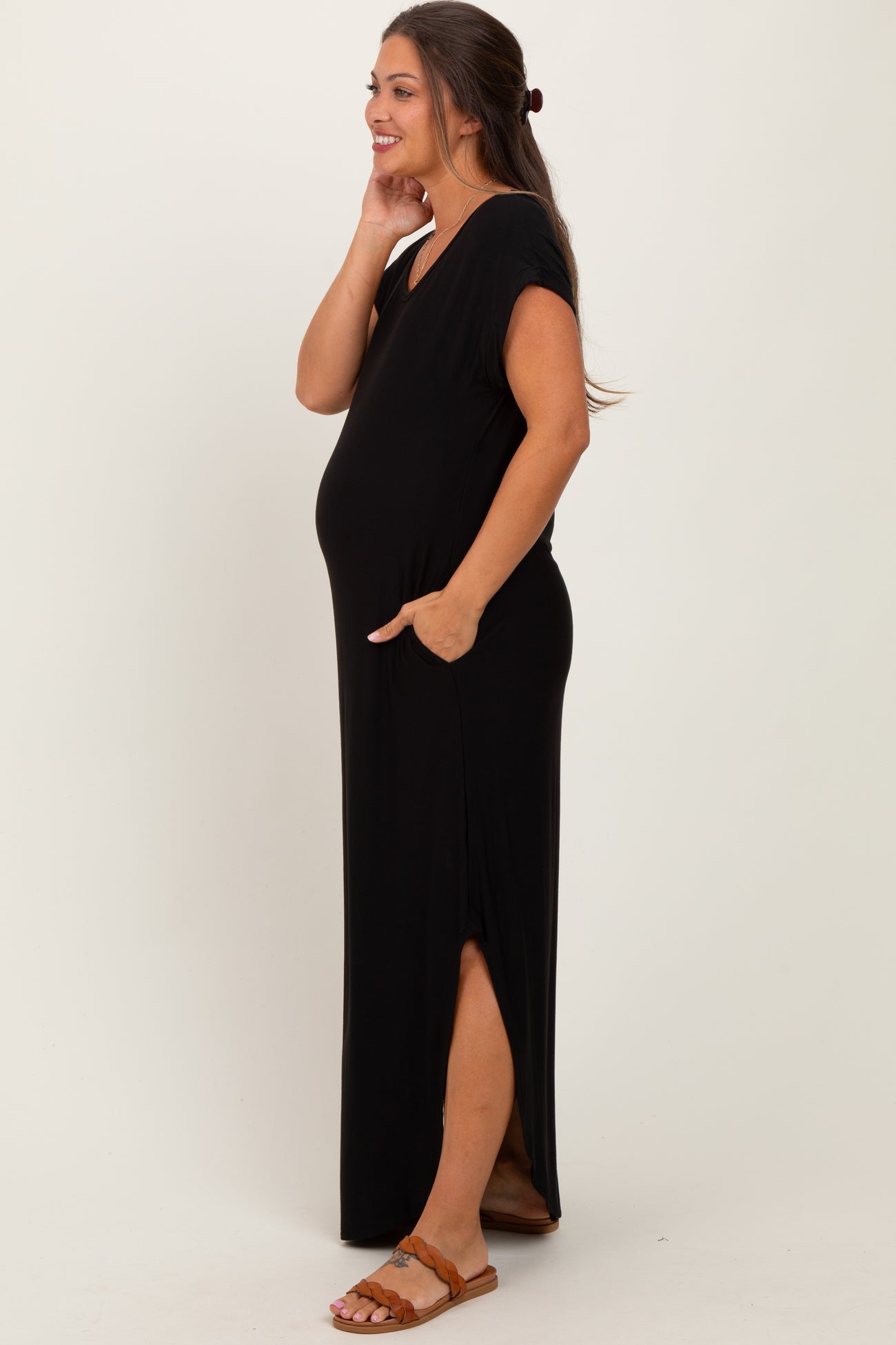 Black Round Hem Side Slit Maternity Maxi Dress