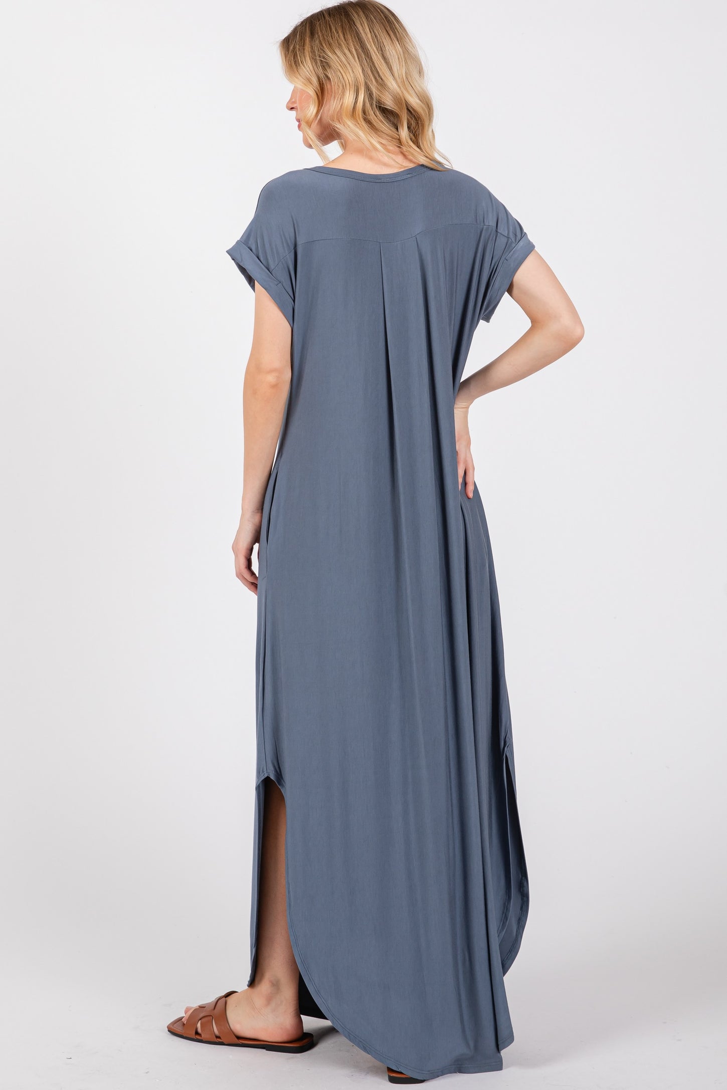 Blue Round Hem Side Slit Maxi Dress