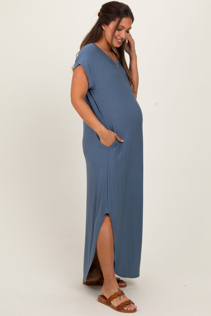 Blue Round Hem Side Slit Maternity Maxi Dress