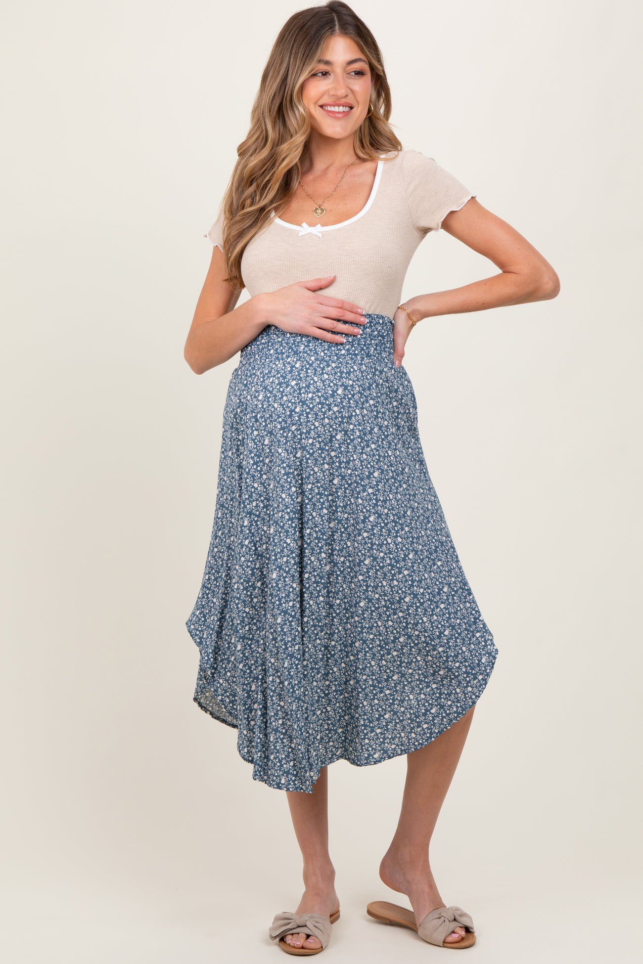 Blue Floral Smocked Waist Maternity Midi Skirt